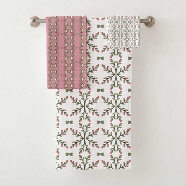 Conjunto De Toalhas Rosa Dusty Com Padrão Verde E Branco (Insitu)