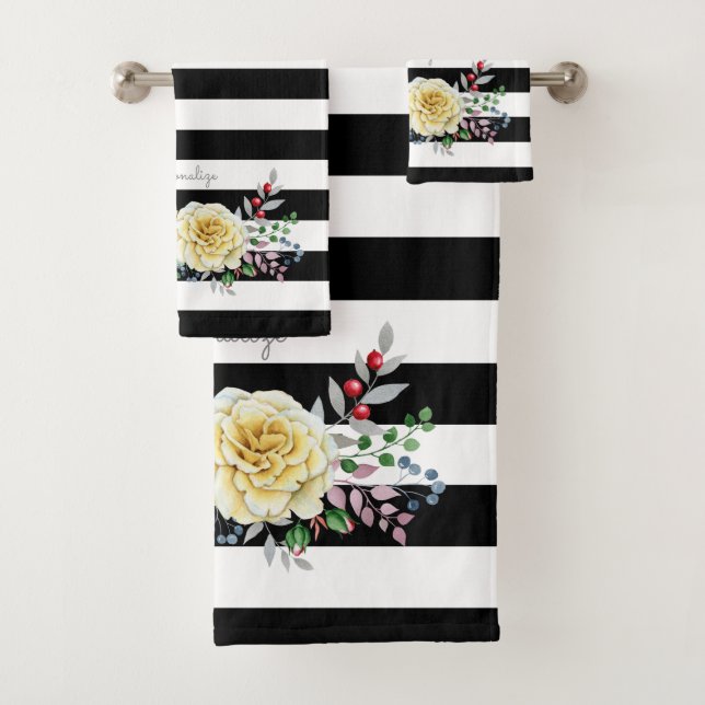 Conjunto De Toalhas Rosa Floral Chic Trendy Black Stripes e nome (Insitu)