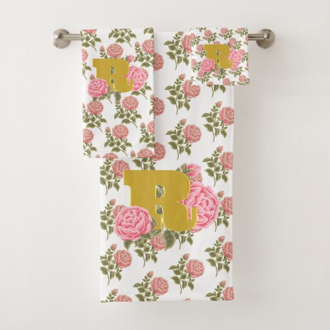 Conjunto De Toalhas Rosa Floral inicial - Letra monograma - Casal de n (Insitu)