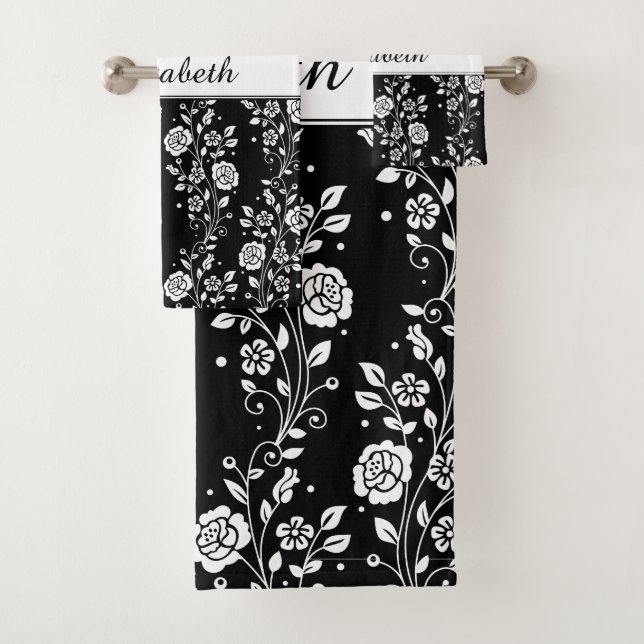 Conjunto De Toalhas Rosa Floral Preto E Branco - Nome Impressão (Insitu)