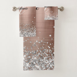 Conjunto De Toalhas Rosa Glitter Prata Folha Dourada Monograma Chique