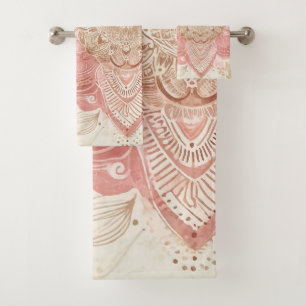 Conjunto De Toalhas Rosa Marrom Creme Mandala Boêmio Moda Boho