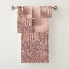 Conjunto De Toalhas Rosa Metálico Monograma Dourado Coletor Rosa