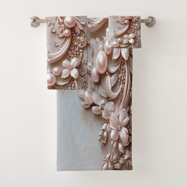 Conjunto de Toalhas Rosa Ornamentado com Pérola e  (Insitu)