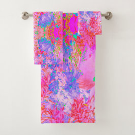 Conjunto De Toalhas Rosa Pastel e Vermelho com Paisagem de Hortênsia A