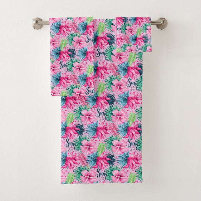 Conjunto De Toalhas Rosa Verde Azul Tropical Floral Flores de Verão  (Insitu)