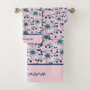 Conjunto De Toalhas Rosáceas Florais Rosa Azul Monograma Presente Eleg