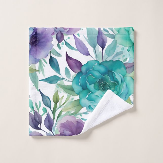 Conjunto De Toalhas Rosas Azuis Flores de Aquarela Roxa  (Pano de lavar)