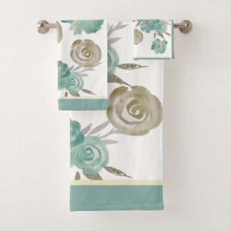 Conjunto De Toalhas Rosas Azul e Traupe em Creme