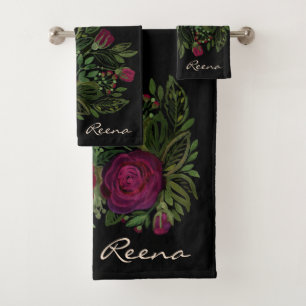 Conjunto De Toalhas rosas de aquarela em fundo preto, aquarela