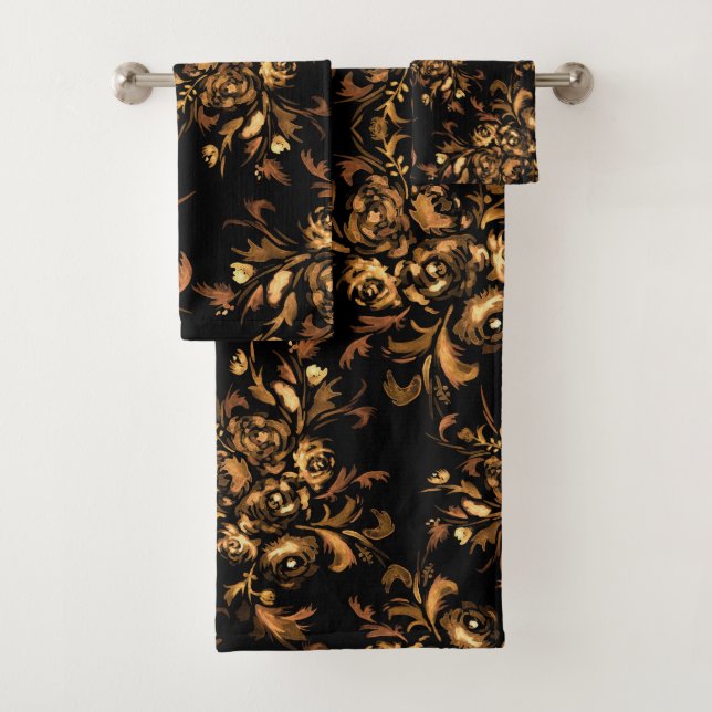 Conjunto De Toalhas Rosas de Ouro no padrão Floral Preto (Insitu)