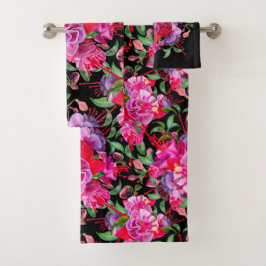 Conjunto De Toalhas Rosas e Preto Flores de Fuchsia em Aquarela