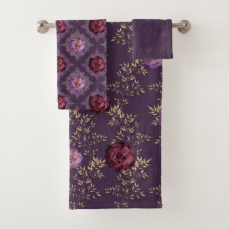 CONJUNTO DE TOALHAS ROSAS FLORAIS E FOLHAS DOURADAS
