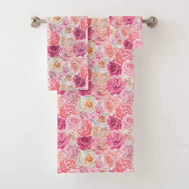 Conjunto De Toalhas Rosas Florais Magenta Branco Elegante Boho (Insitu)