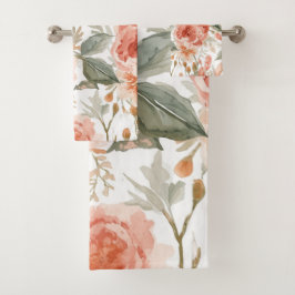 Conjunto De Toalhas Rosas Laranja Aquarela Botânica Coral Floral