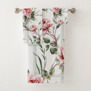 Conjunto De Toalhas Rosas Rosa Elegantes e Folhas em Trellis