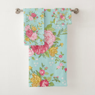 Conjunto De Toalhas Rosas Rosa Vintage Buquê Padrão Floral Aqua
