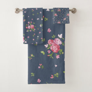 Conjunto De Toalhas Rosas Rosa Vintage Marinho Padrão Floral Azul