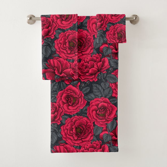 Conjunto De Toalhas Rosas vermelhas com folhas de cinza em preto (Insitu)