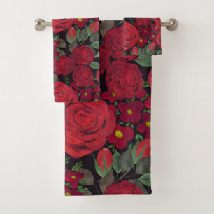 Conjunto De Toalhas rosas vermelhas de aquarela a preto,