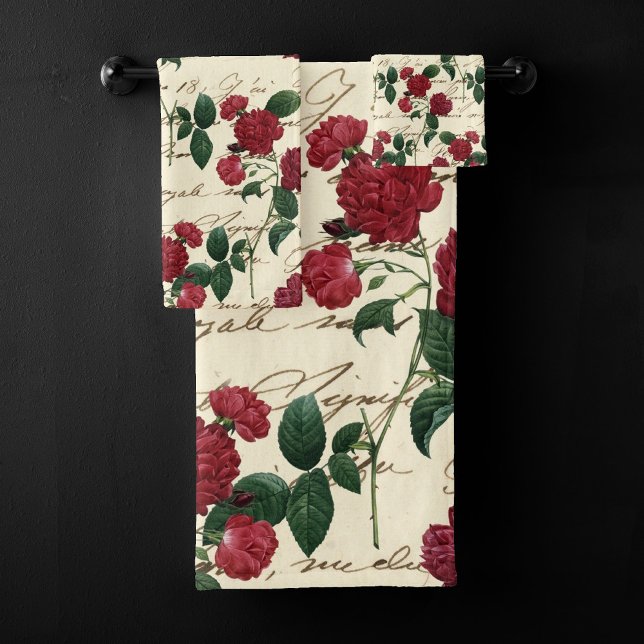 Conjunto De Toalhas Rosas vermelhas e manuscrito clássico (Criador carregado)