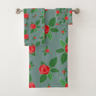 Conjunto De Toalhas Rosas vermelhas Românticas Padrão Floral Verde Dei