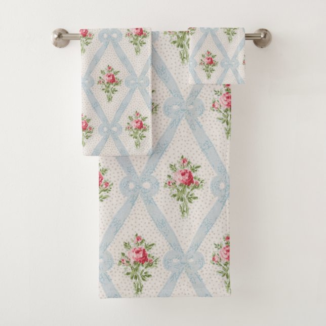 Conjunto De Toalhas Rosas Victorianas cor-de-rosa com Fita Azul (Insitu)