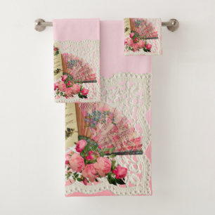 Conjunto De Toalhas Rosas Vitorianos, Cartão Postal E Ventilador Antiq