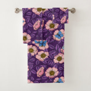 Conjunto De Toalhas Roseira brava e borboletas em rosa e roxo