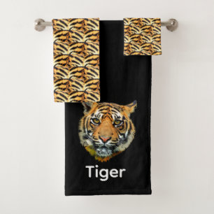 Conjunto De Toalhas Rosto de tigre elegante em preto personalizado