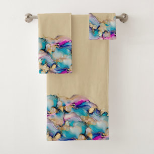 Conjunto De Toalhas Roxo Azul Dourado Lavado Abstrato Aquarela
