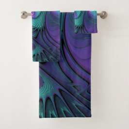 Conjunto De Toalhas Roxo encontra Arte Fractal abstrato Turquesa moder