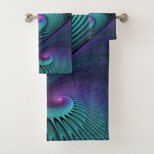 Conjunto De Toalhas Roxo encontra Arte Fractal abstrato Turquesa moder (Insitu)