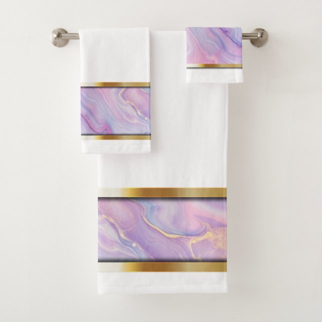 Conjunto De Toalhas Roxo, Rosa e Água Fluindo com Destaques Dourados (Insitu)