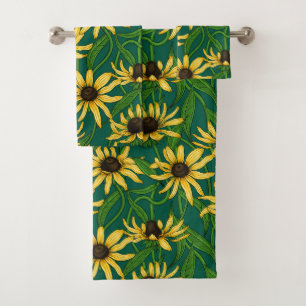 Conjunto De Toalhas Rudbekia amarela em verde escuro