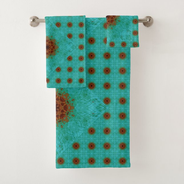 Conjunto De Toalhas Rust Brown e Teal Green Mandala Azulejo (Insitu)