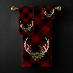 Conjunto De Toalhas Rustic Boho Deer Antlers Xadrez de Natal Floral