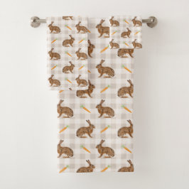 Conjunto De Toalhas Rustic Hares And Carrots Beige Gingham Pattern
