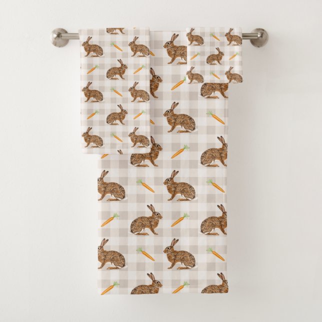Conjunto De Toalhas Rustic Hares And Carrots Beige Gingham Pattern (Insitu)