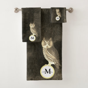 Conjunto De Toalhas Rustic Watercolor Owl Monograma Nome Brown