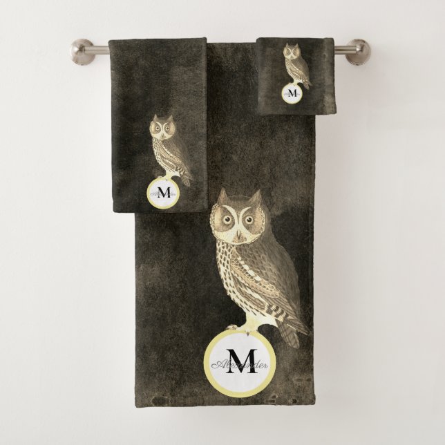 Conjunto De Toalhas Rustic Watercolor Owl Monograma Nome Brown (Insitu)