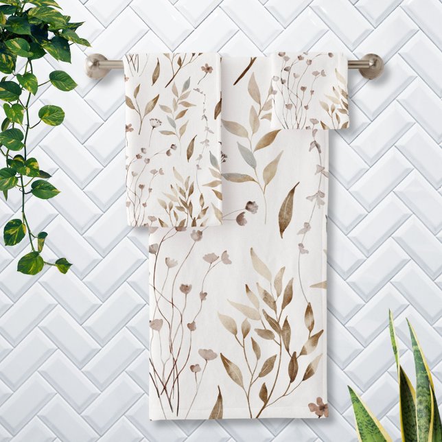 Conjunto De Toalhas Rústico Boho Aquarela Marrom Outono Floral Botânic (In situ)