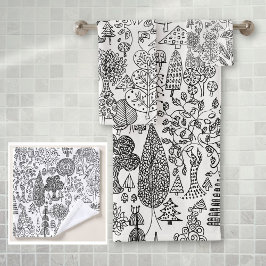 Conjunto De Toalhas Rústico Boho Preto e Branco Padrão de Árvore