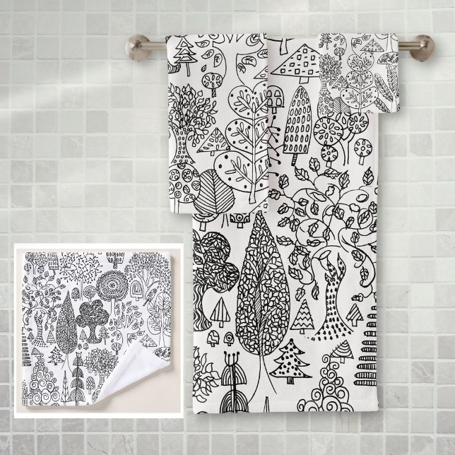 Conjunto De Toalhas Rústico Boho Preto e Branco Padrão de Árvore (Rustic Boho Black and White Tree Pattern Bath Towel Set)