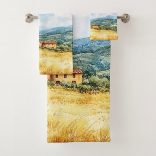 Conjunto De Toalhas Rústico Elegante Aquarela Toscana Mediterrâneo