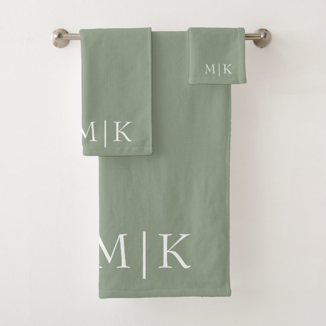 Conjunto De Toalhas Sage Verde e Branco | Monograma moderno (Insitu)