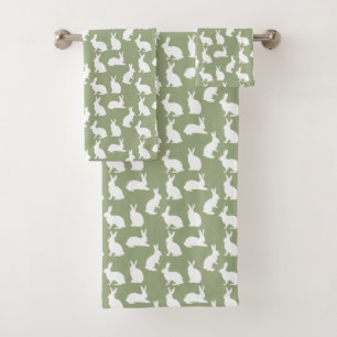 Conjunto De Toalhas Sage Verde E Coelho Branco Padrão Fofo De Páscoa