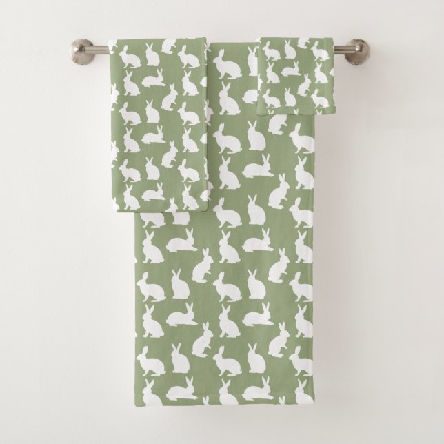 Conjunto De Toalhas Sage Verde E Coelho Branco Padrão Fofo De Páscoa (Insitu)