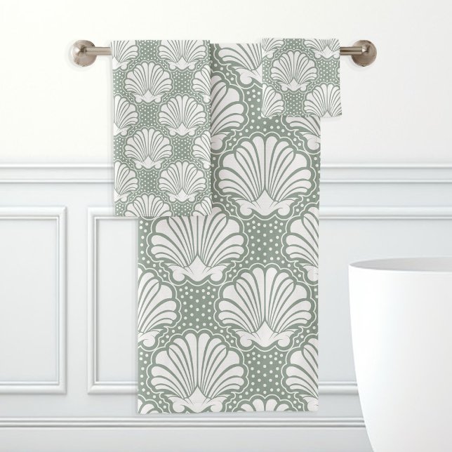 Conjunto De Toalhas Sage Verde e Concha Marinha Costeira Branco  (Criador carregado)
