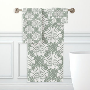 Conjunto De Toalhas Sage Verde e Conchas Brancas Costeiras